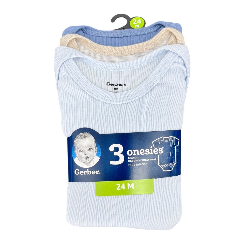 Gerber‎ Onesies Bodysuits Boys 24M Blue Tan Ribbed Cotton Short Sleeve 3-Pack